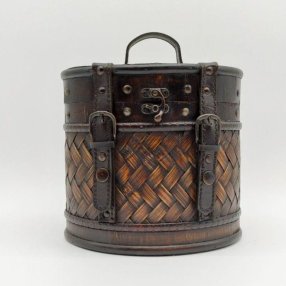 Vintage Woven Bamboo Rattan Storage Chest Dark Wood Leather Straps Brass Rivets